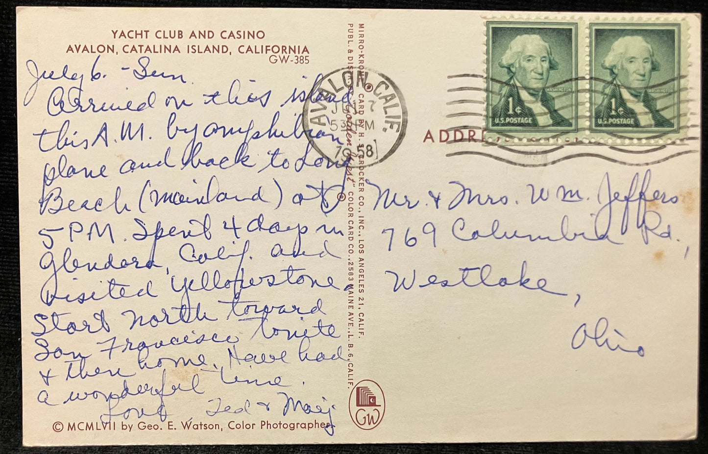 Yacht Club and Casino - Avalon Catalina Island, California - Photo: Geo. E. Watson - Vintage Postcard