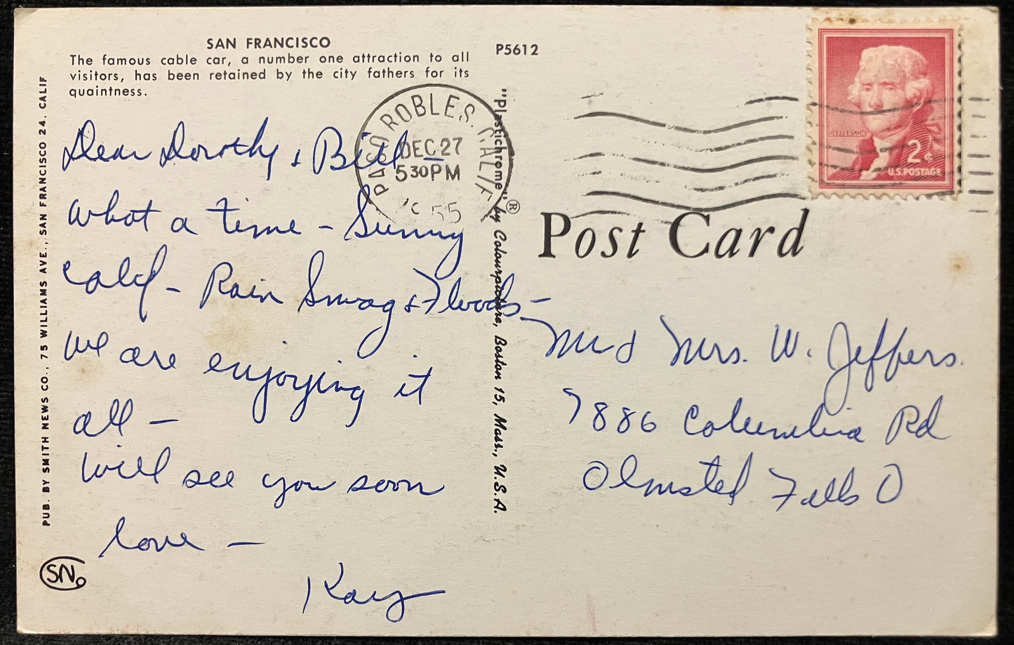 Cable Car - San Francisco - Vintage Postcard