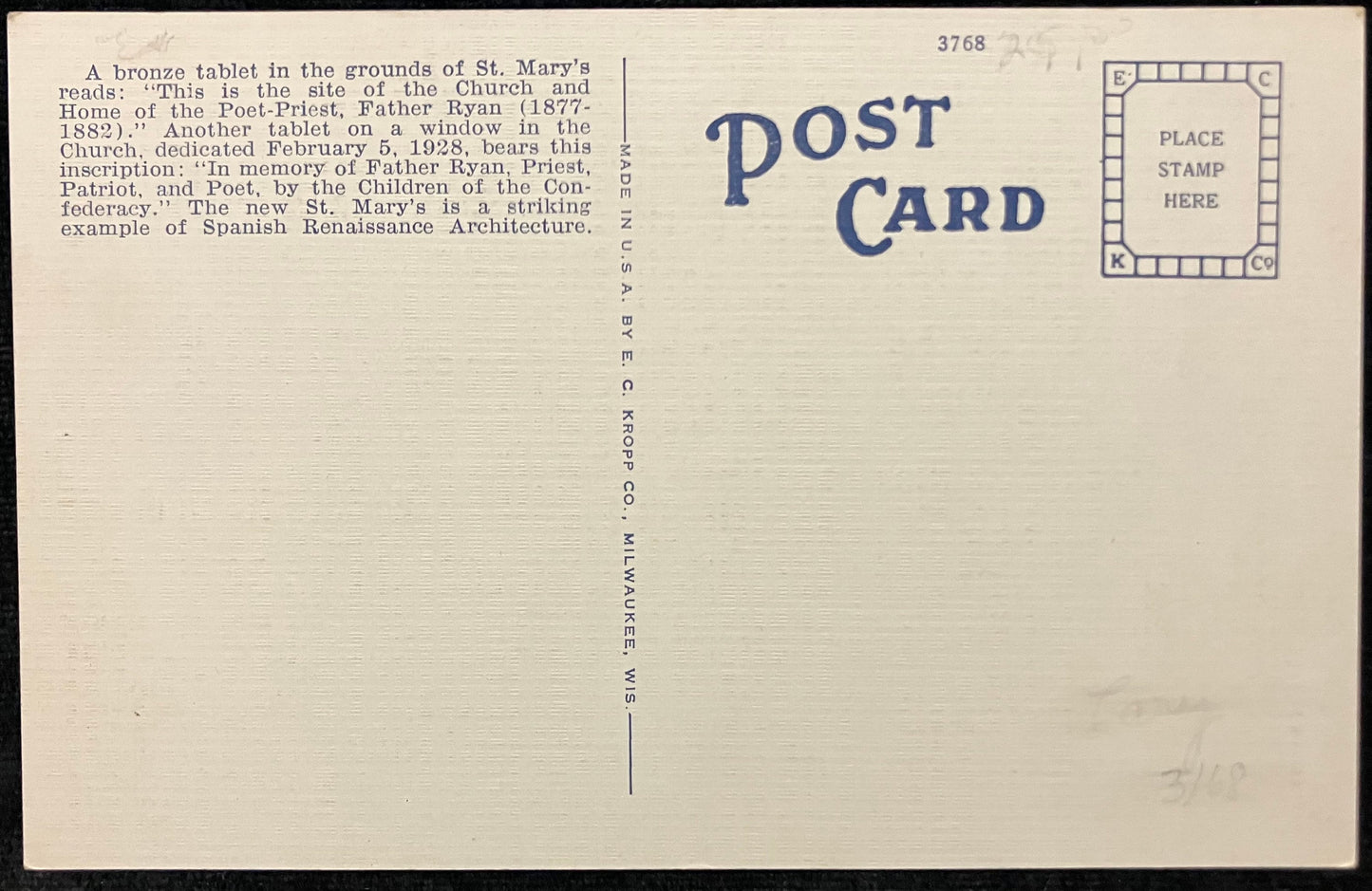 St. Mary’s Church - Mobile, Alabama - 1940s Linen Postcard