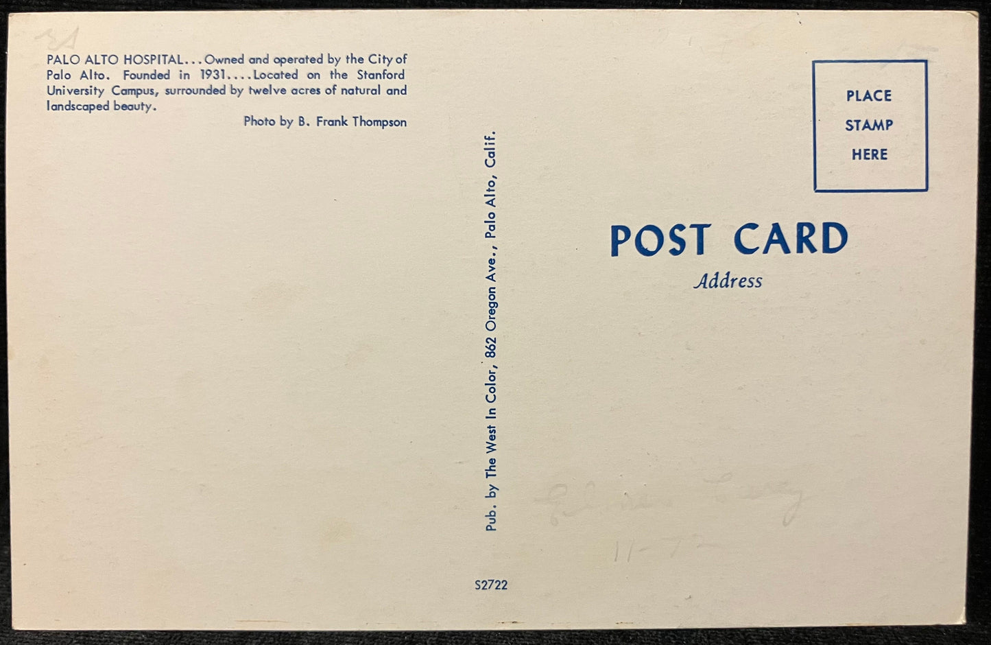 Palo Alto Hospital - California - Photo by Frank Thompson - Vintage Postcard