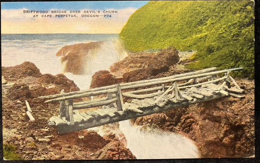 Driftwood Bridge Over Devil’s Churn at Cape Perpetua, Oregon - Vintage Postcard