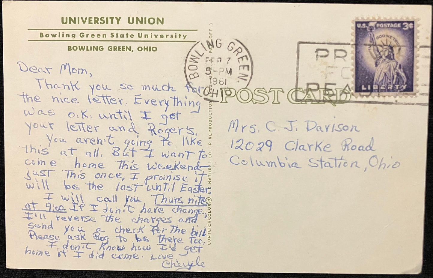 University Union - Bowling Green State University - Bowling Green, Ohio - Vintage Postcard