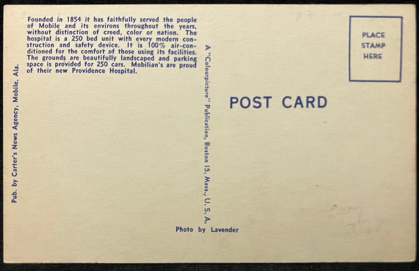 Providence Hospital - Mobile, Alabama - 1940s Linen Postcard