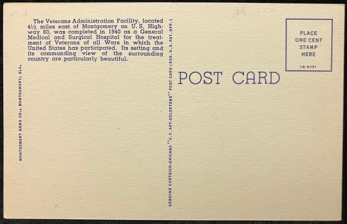 Veterans Administration Facility - Montgomery, Alabama - Veteran Postcard - 1940s Linen Postcard