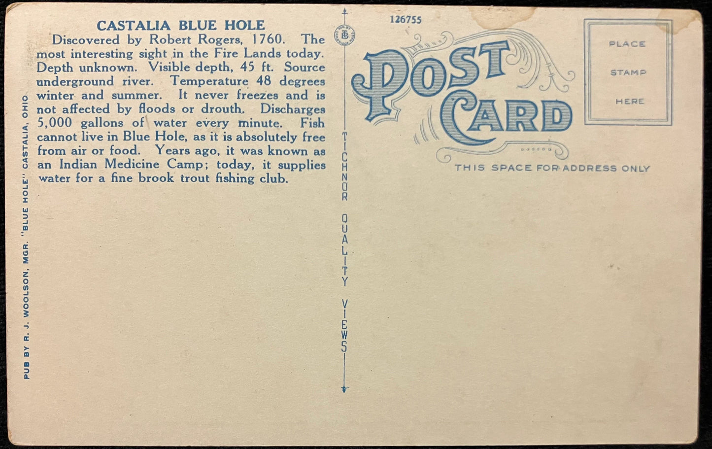 General View of Blue Hole - Castalia, Ohio - Vintage Postcard