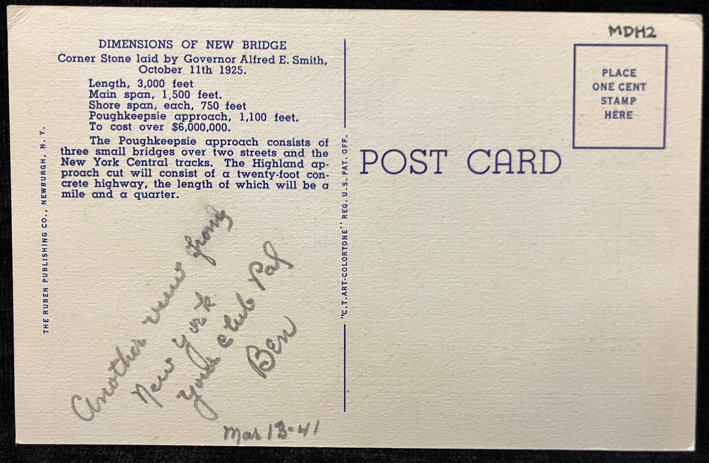 Mid-Hudson Traffic Bridge, Poughkeepsie, New York - Vintage Postcard