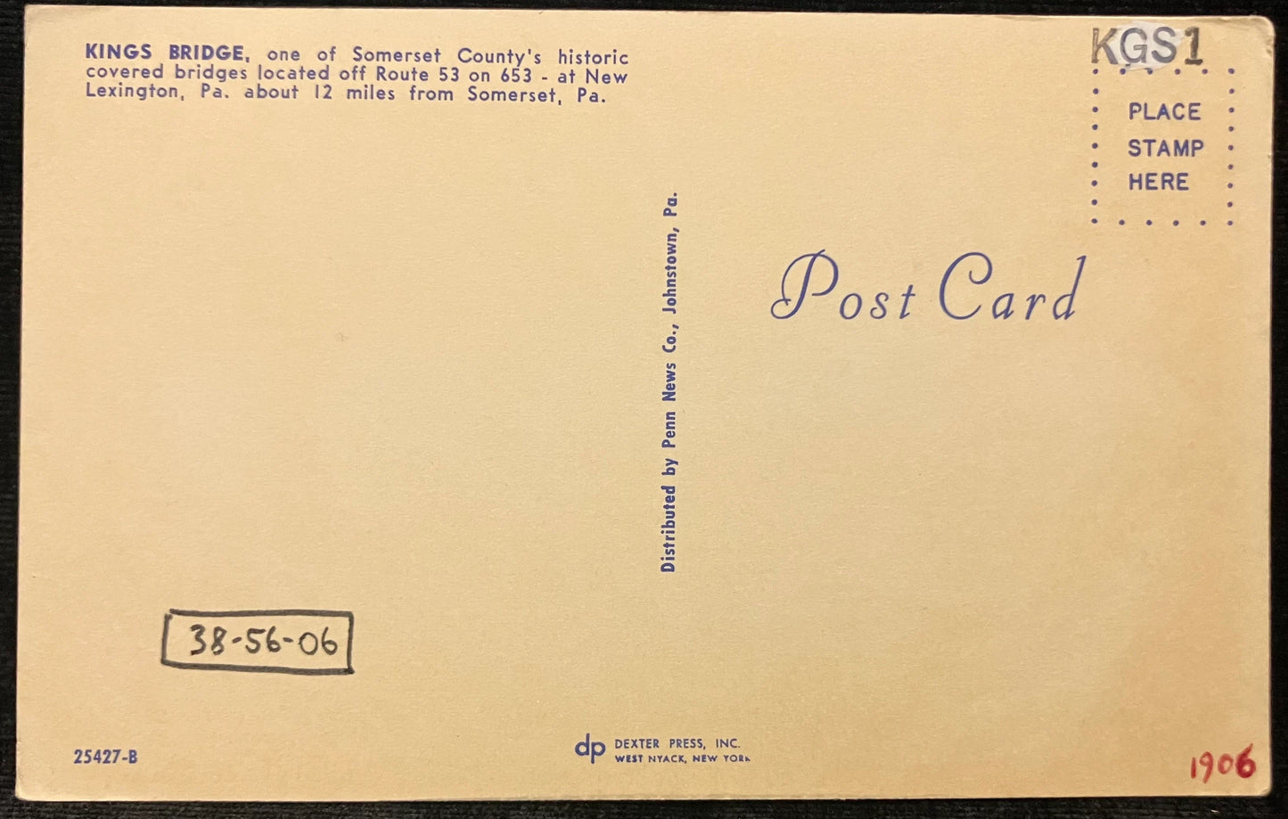 King’s Bridge - Somerset County, Pennsylvania - Vintage Postcard