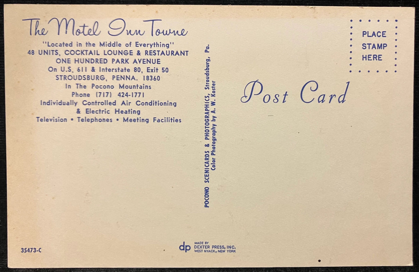 The Motel Inn Towne - Stroudsburg, Pennsylvania - Photo by A. W. Koster - Vintage Postcard
