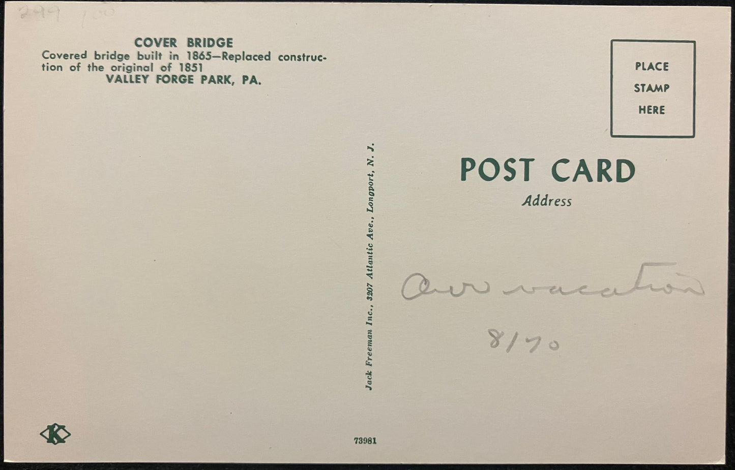 Cover Bridge - Valley Forge Park, Pennsylvania - Vintage Bridge Postcard