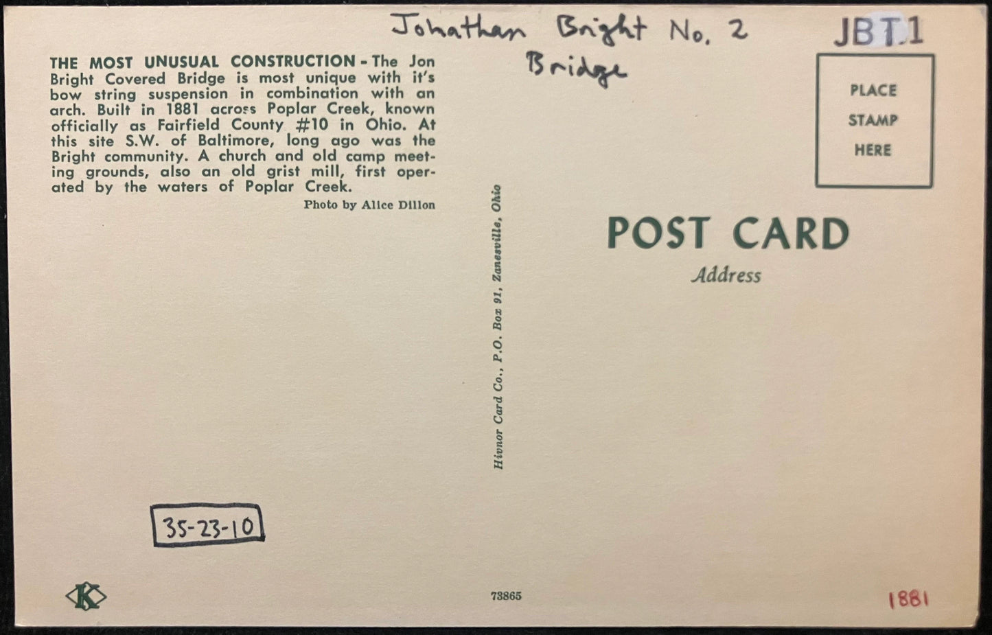 Jon Bright Covered Bridge - Photo by Alice Dillon - Vintage Postcard