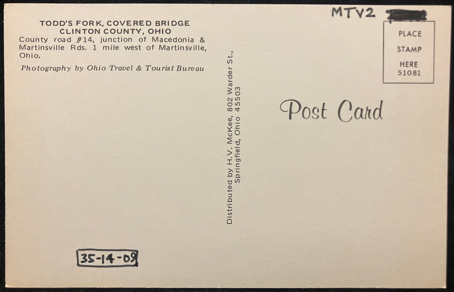 Todd’s Fork, Covered Bridge - Clinton County, Ohio - Photo by Ohio Travel & Tourism Bureau - Vintage Postcard