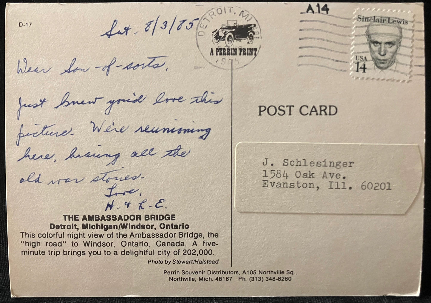 The Ambassador Bridge, Detroit, Michigan - Windsor, Ontario - Photo: Stewart/Halstead - Vintage International Bridge Postcard