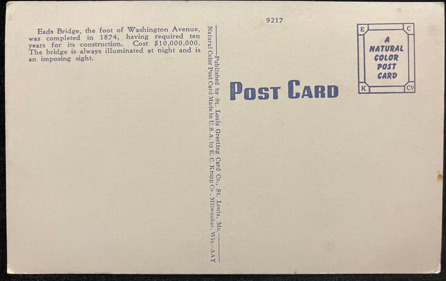 Eads Bridge. St. Louis, Missouri - Vintage Postcard
