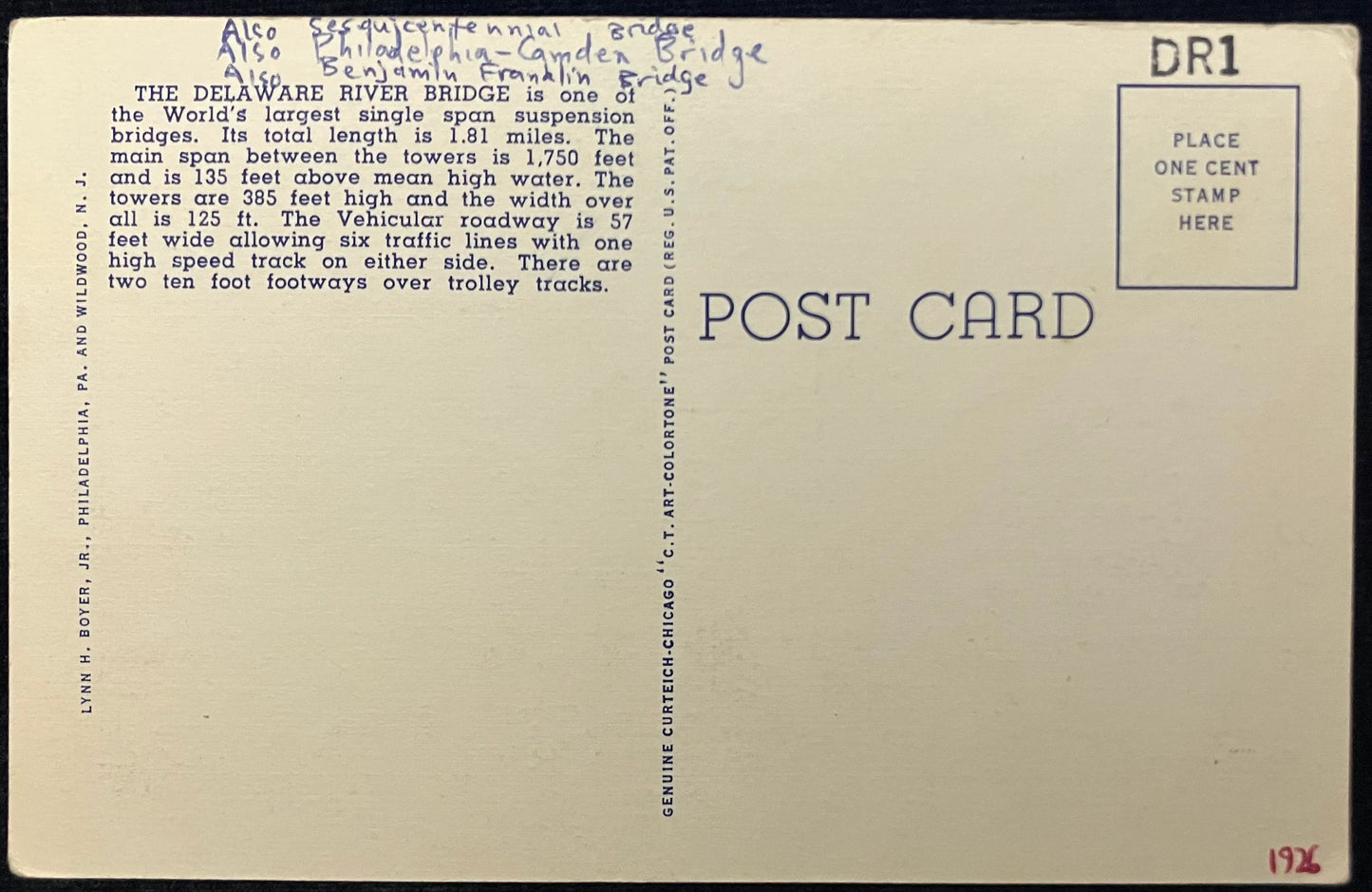Delaware River Bridge, Connecting Philadelphia, Pennsylvania, and Camden, New Jersey - Vintage Postcard