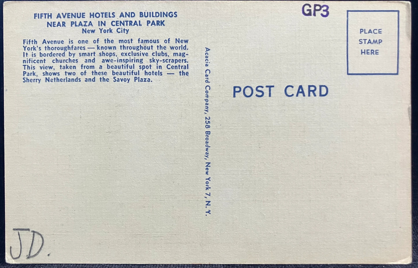 Fifth Avenue Hotels and Buildings - Near Plaza in Central Park, New York City - Vintage Postcard