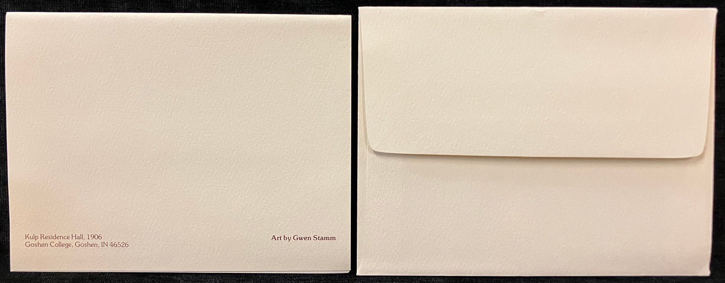 Set of Cards featuring Kulp Residence Hall, Church-Chapel, and Union Building, Goshen College, Goshen, Indiana - Art by Gwen Stamm - Vintage Cards With Envelopes