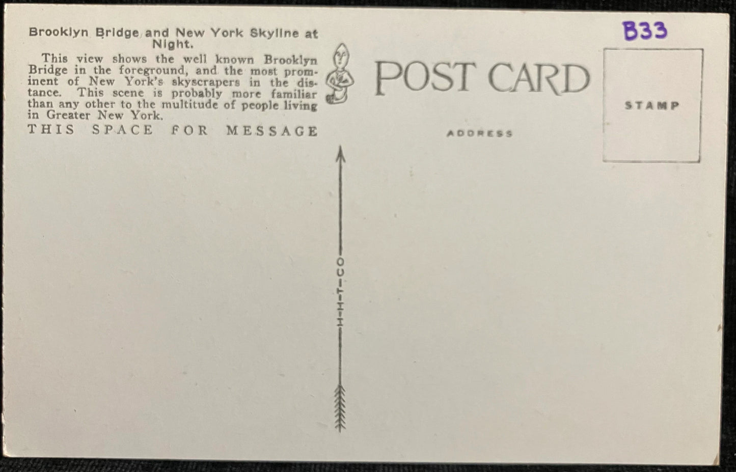 Brooklyn Bridge and New York Skyline at Night - Vintage Postcard