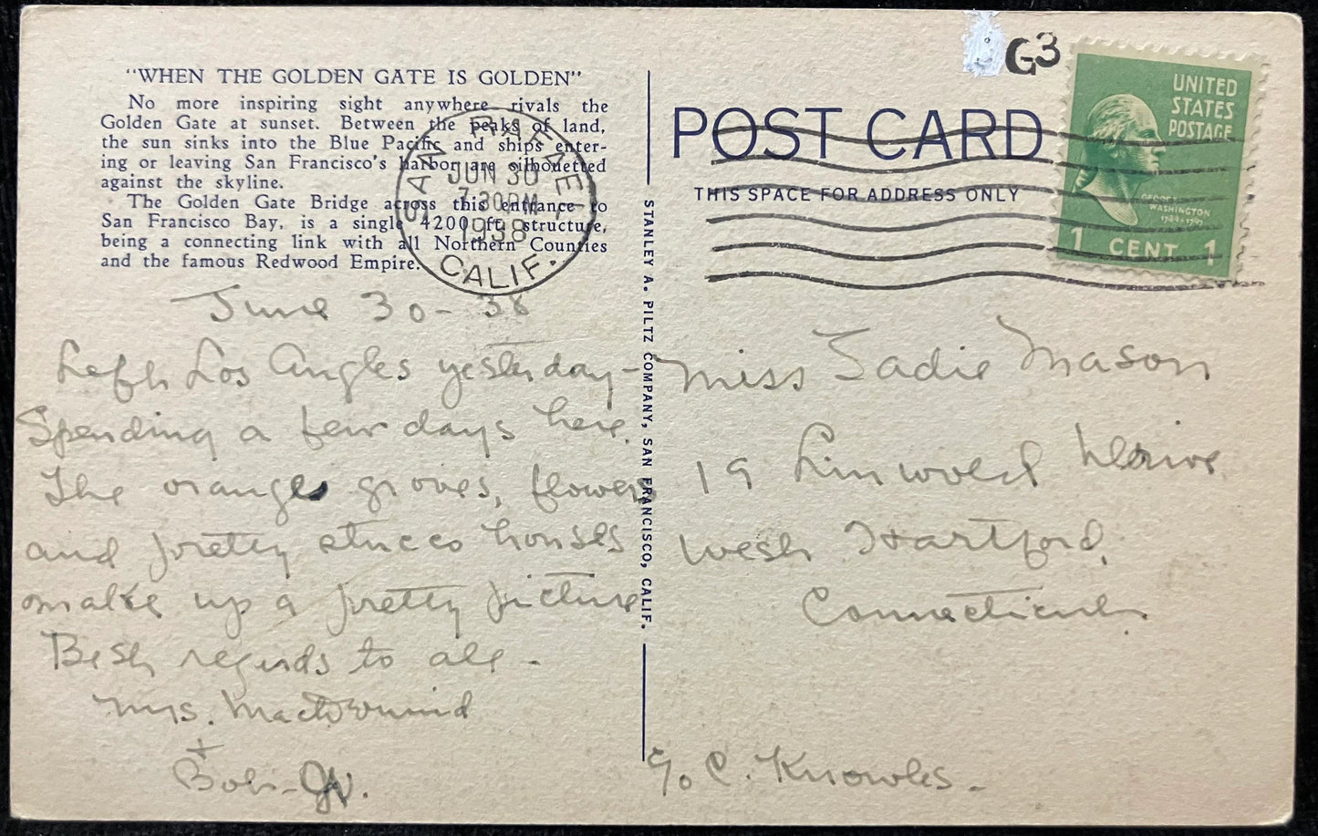 When the Golden Gate is Golden, San Francisco, California - Copyright Stanley A. Piltz - Vintage Postcard