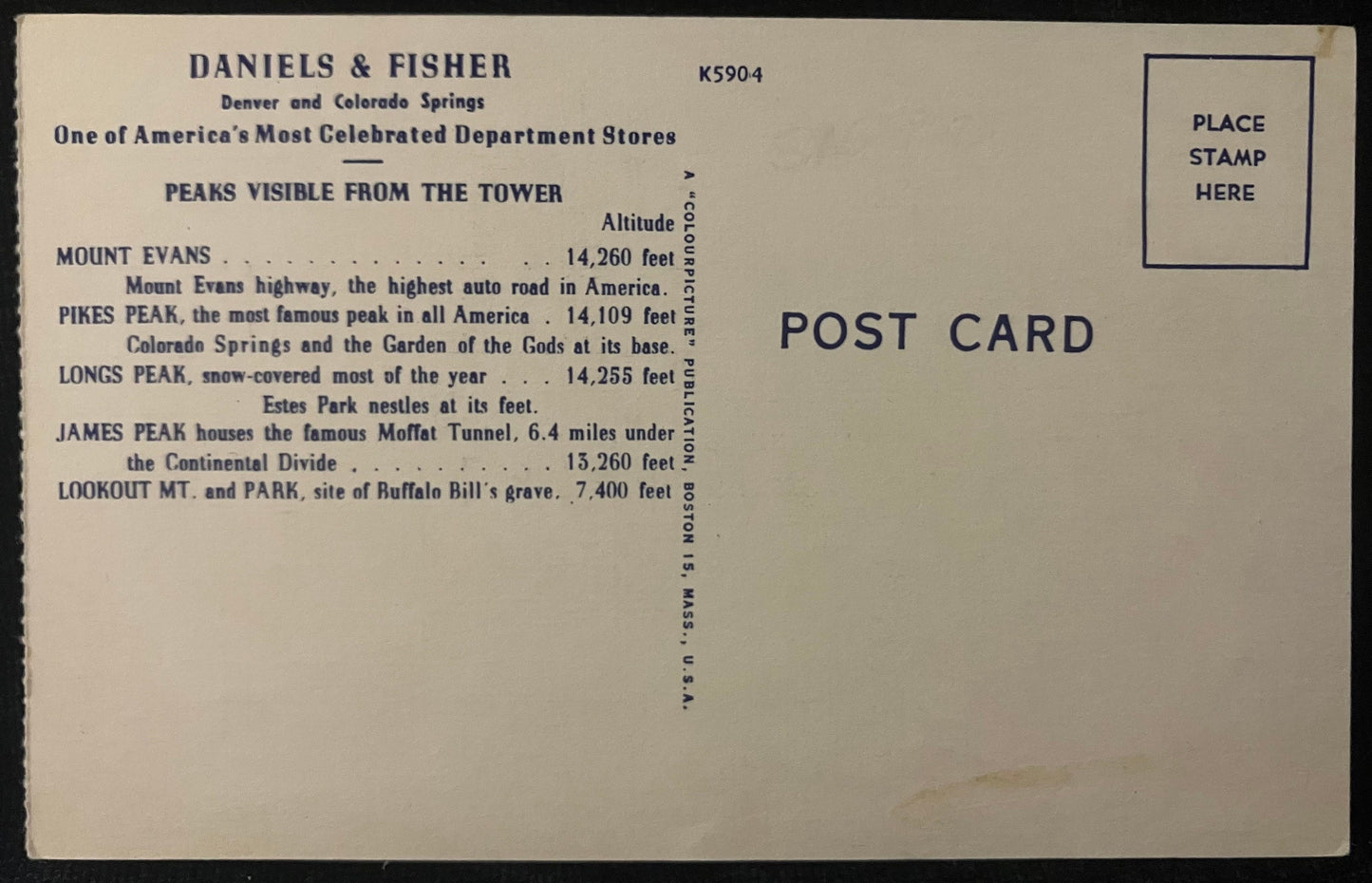 The Daniels and Fisher Tower - Denver, the "Mile High City" ... the "Gateway to the West" - Vintage Postcard