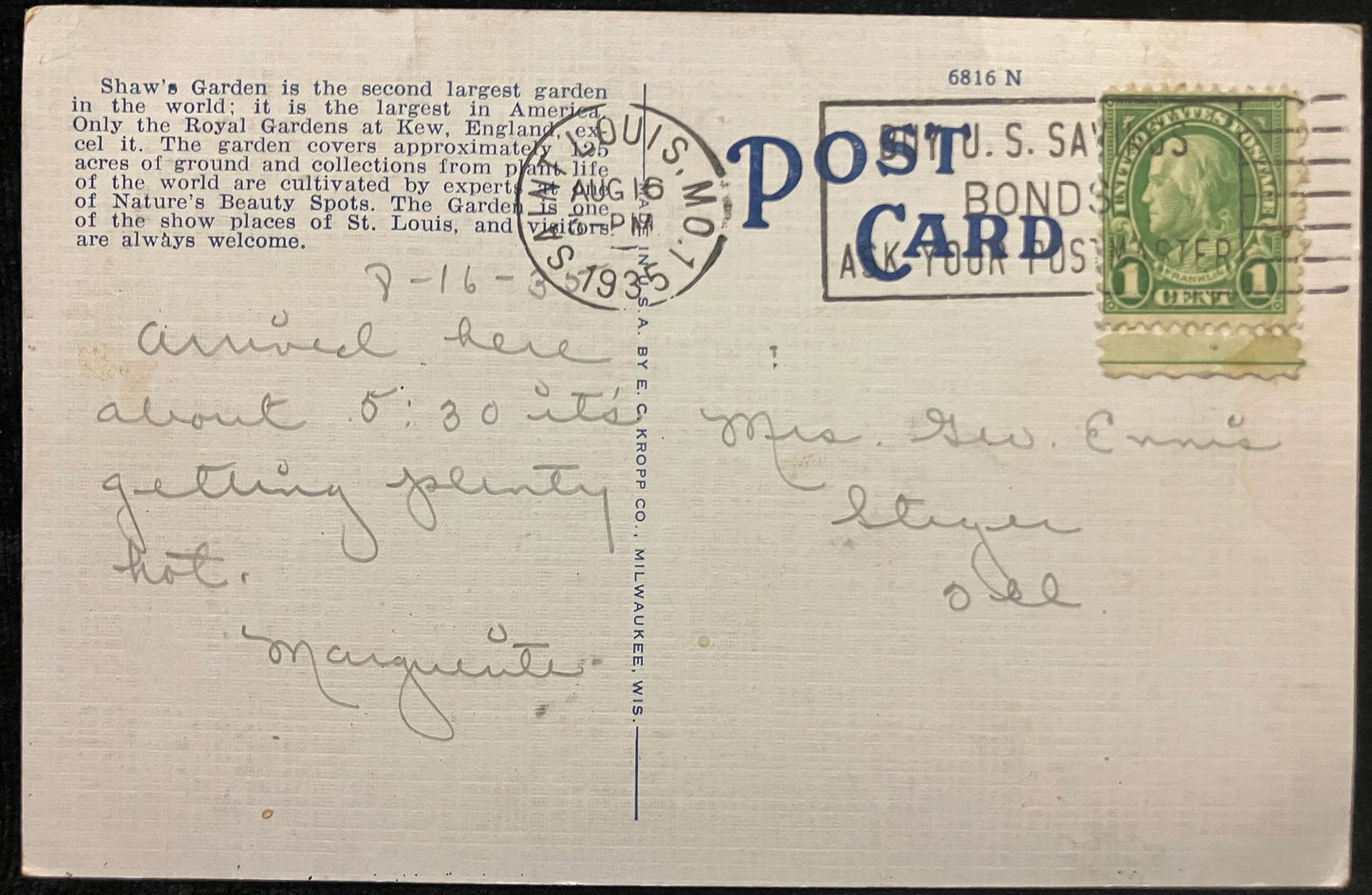 Entrance to Shaw’s Garden, St. Louis, Missouri - Vintage Postcard