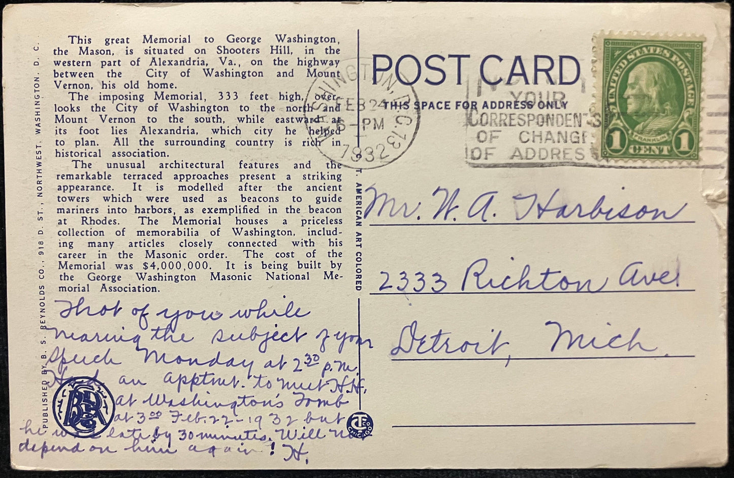 The George Washington Masonic National Memorial, Alexandria, Va. Near Washington, D.C. - Vintage 1930s Postcard