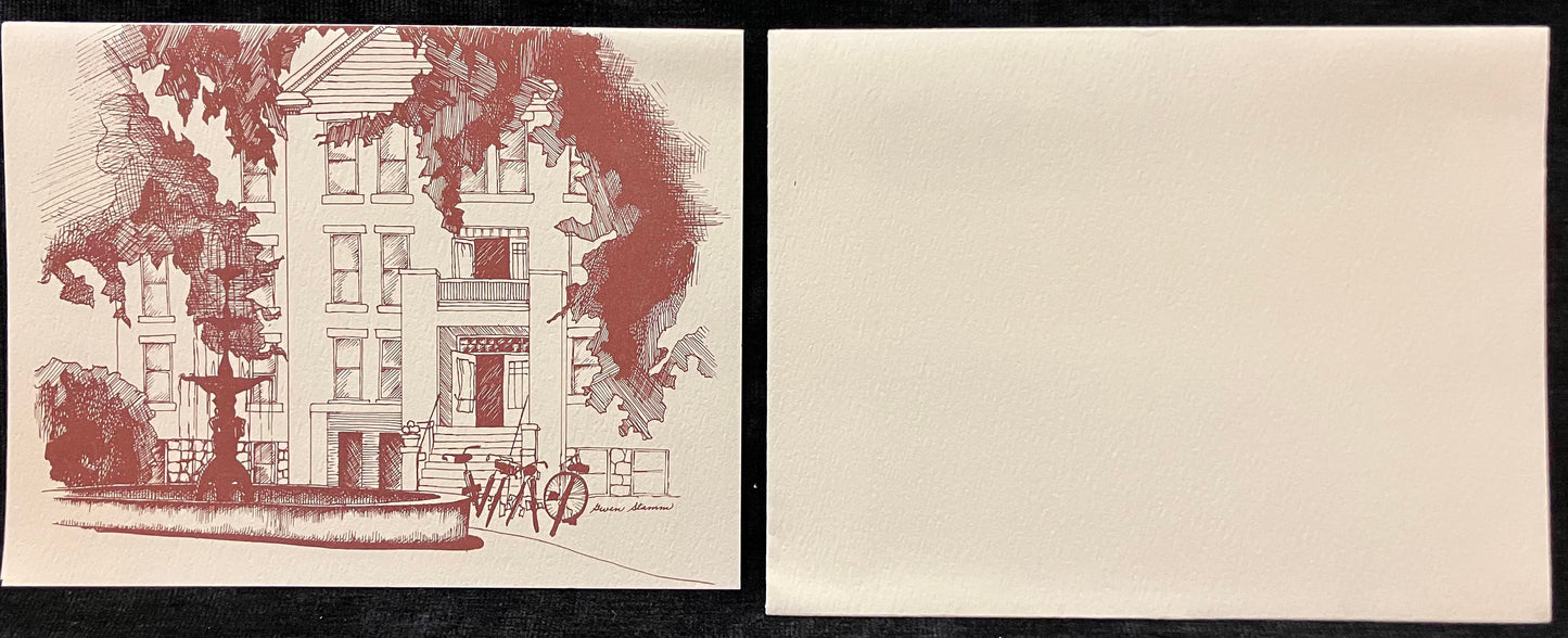 Set of Cards featuring Kulp Residence Hall, Church-Chapel, and Union Building, Goshen College, Goshen, Indiana - Art by Gwen Stamm - Vintage Cards With Envelopes