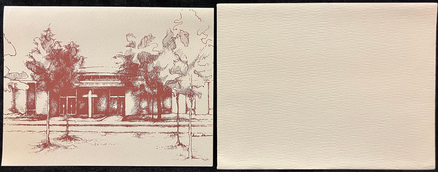 Set of Cards featuring Kulp Residence Hall, Church-Chapel, and Union Building, Goshen College, Goshen, Indiana - Art by Gwen Stamm - Vintage Cards With Envelopes