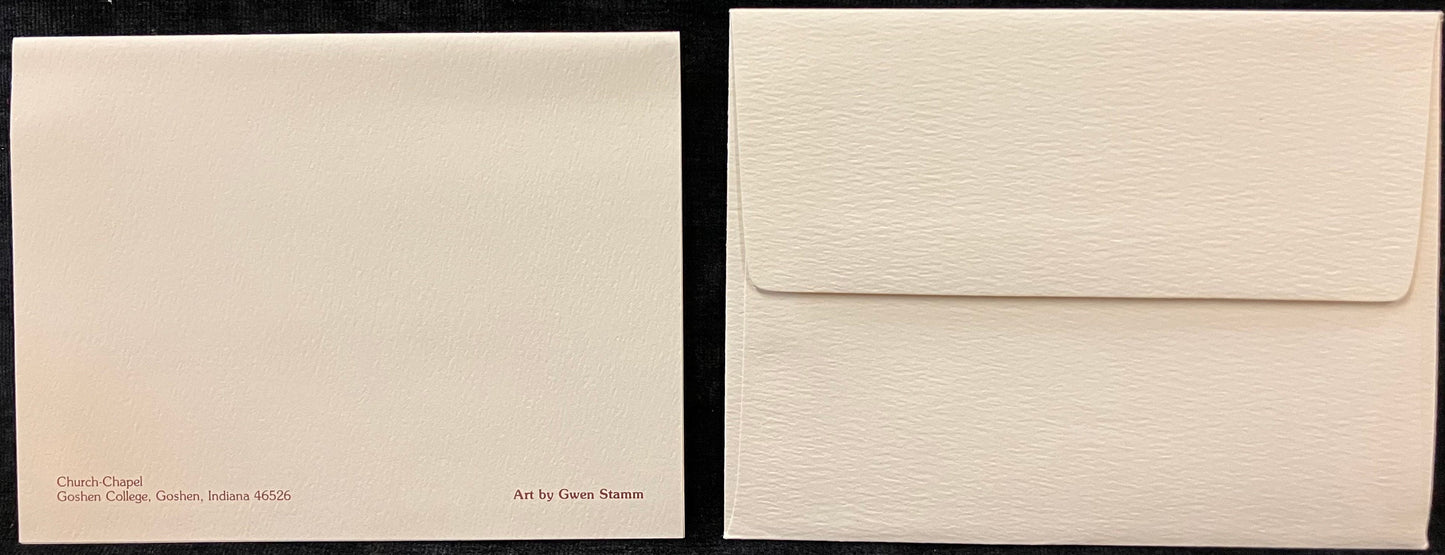 Set of Cards featuring Kulp Residence Hall, Church-Chapel, and Union Building, Goshen College, Goshen, Indiana - Art by Gwen Stamm - Vintage Cards With Envelopes