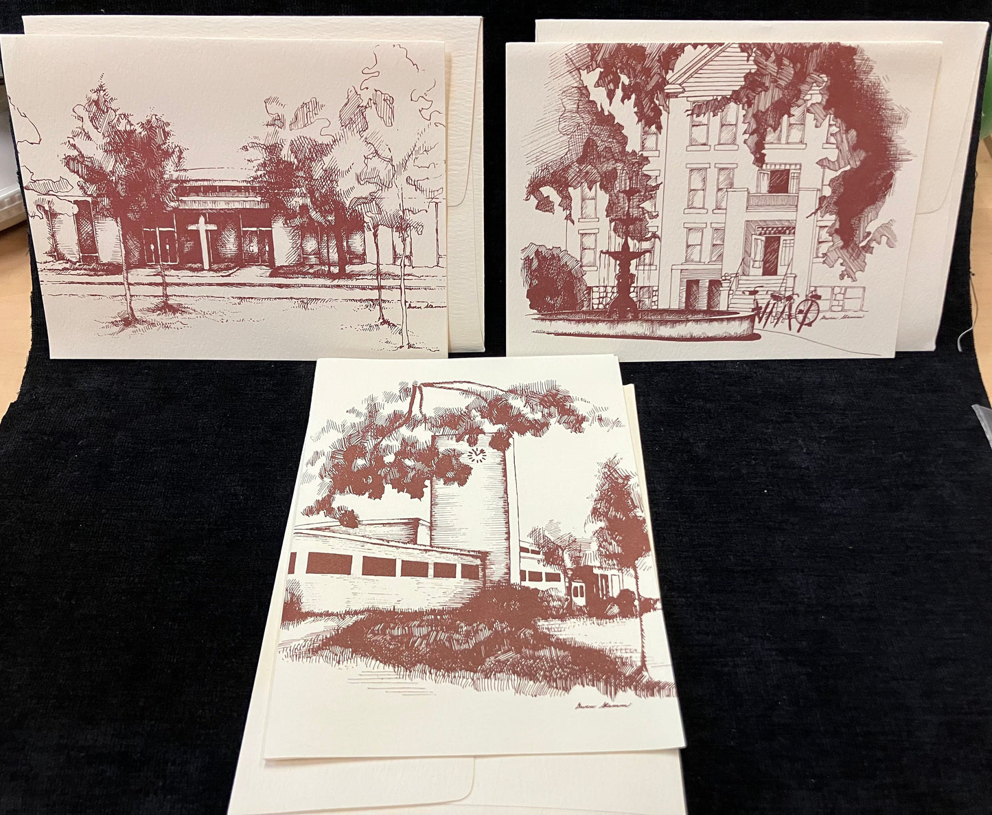 Set of Cards featuring Kulp Residence Hall, Church-Chapel, and Union Building, Goshen College, Goshen, Indiana - Art by Gwen Stamm - Vintage Cards With Envelopes