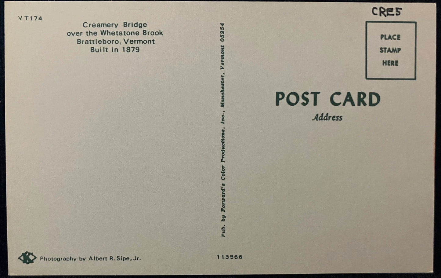 Creamery Bridge over the Whetstone Brook in Brattleboro, Vermont - Photo by Albert R. Sipe, Jr. - Vintage Postcard