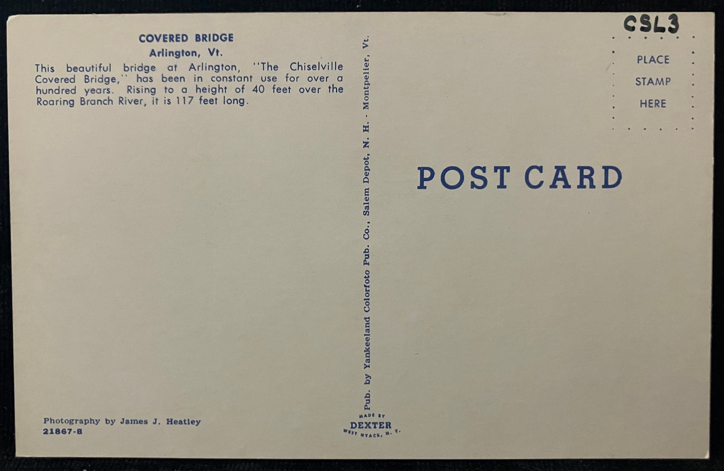 Covered Bridge - Arlington, Vermont - Photography by James J. Heatley - Vintage Postcard