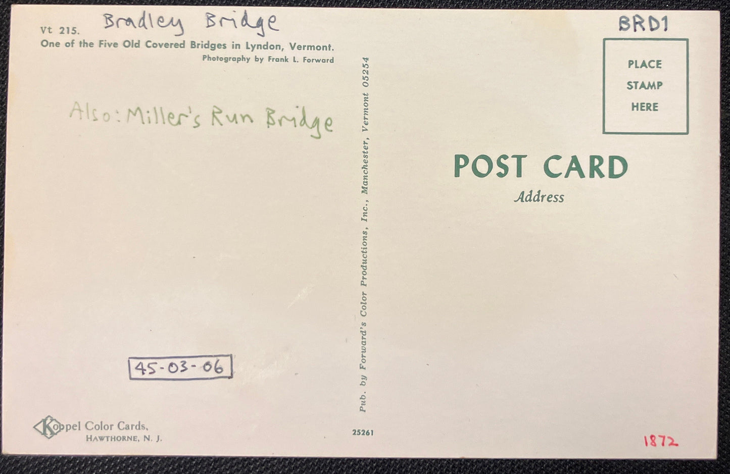 Bradley Bridge in Lyndon, Vermont - Vintage covered bridge Postcard,