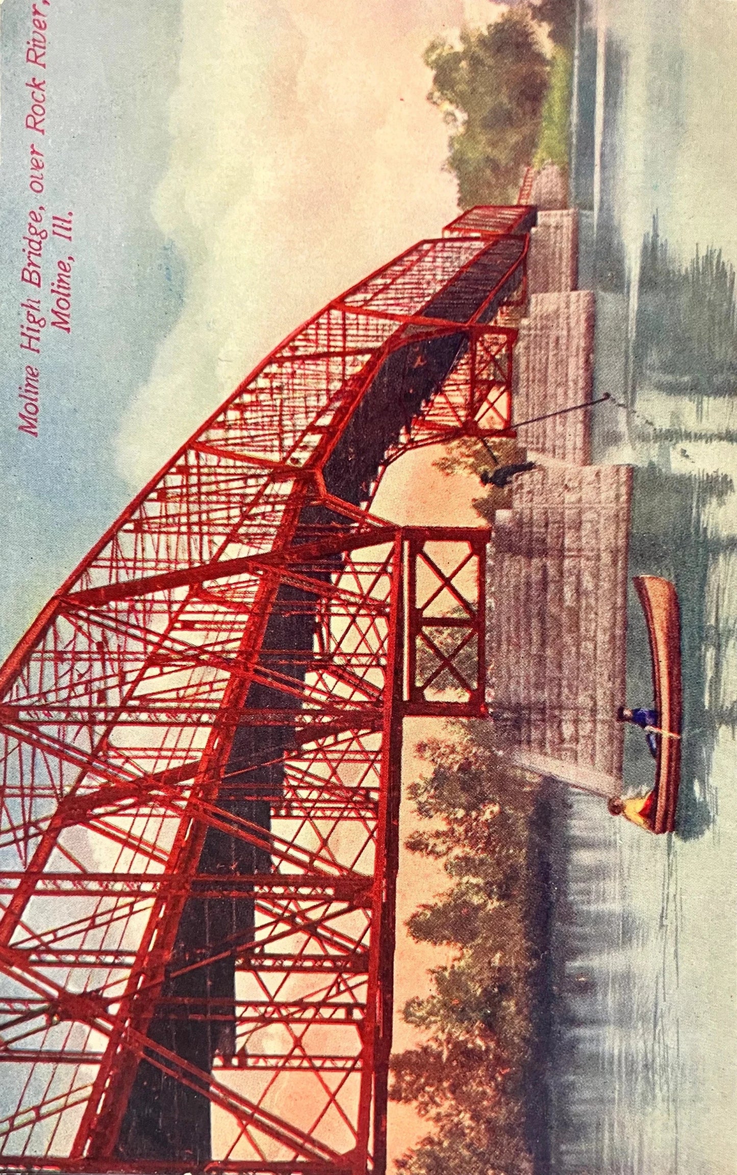Moline High Bridge, over Rock River, Moline, Ill. - Vintage Bridge Postcard