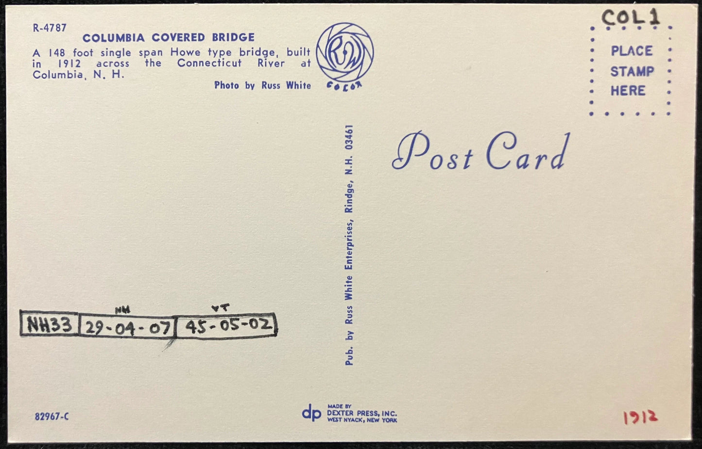 Columbia Covered Bridge - Connecticut River - Columbia, New Hampshire - Photo by Russ White - Vintage Covered Bridge Postcard