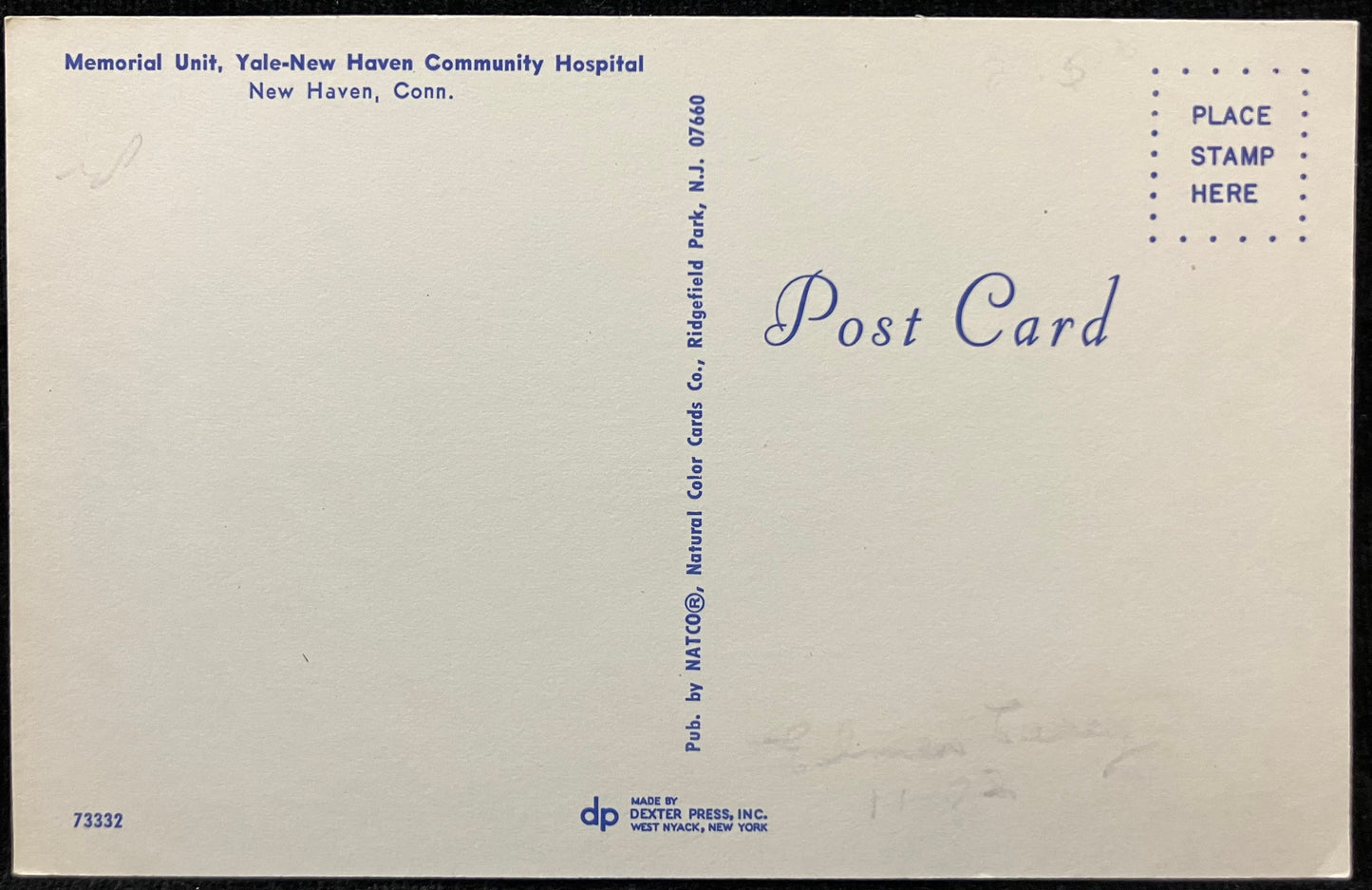 Memorial Unit - Yale-New Haven Community Hospital - New Haven, Connecticut - 1950s Postcard