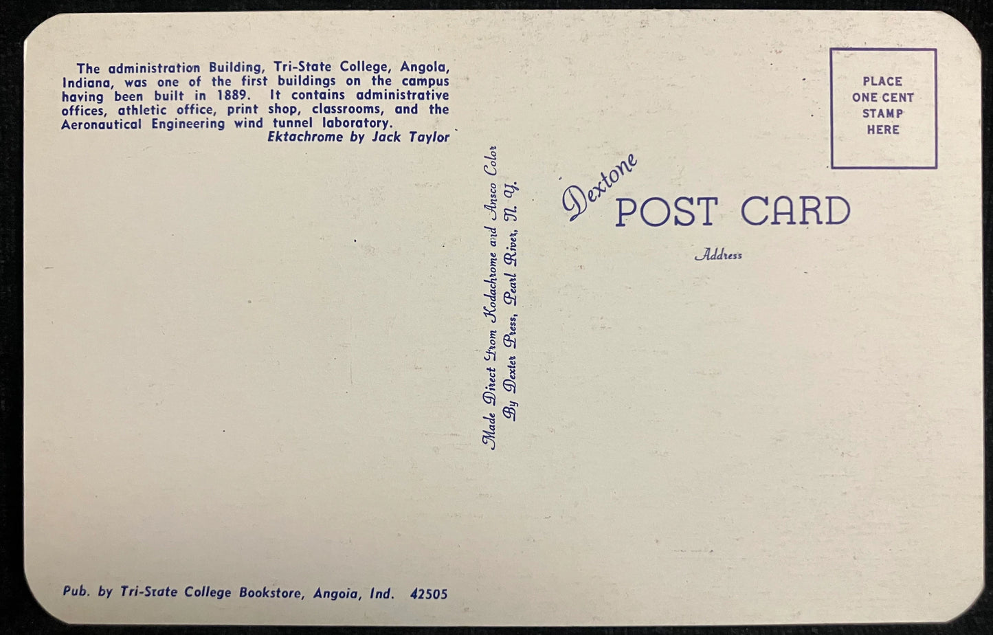 The Administration Building - Tri-State College in Angola, Indiana - Ektachrome by Jack Taylor - Vintage Postcard