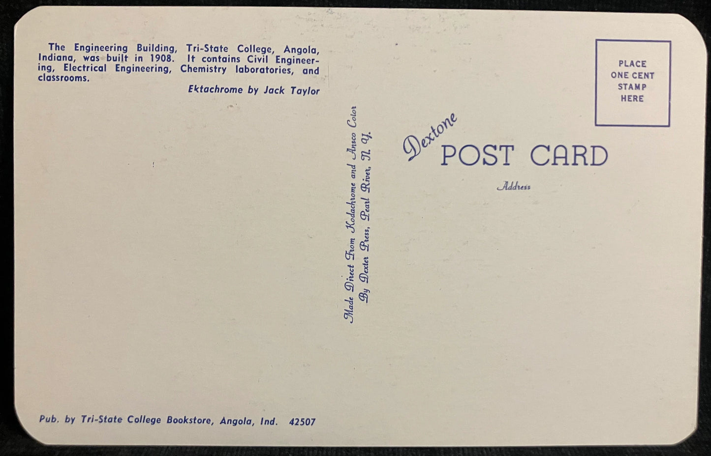The Engineering Building - Tri-State College in Angola, Indiana - Ektachrome by Jack Taylor - Vintage Postcard