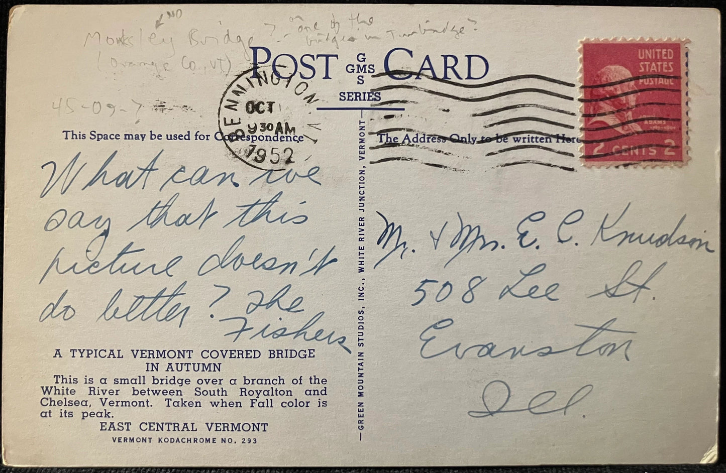 Covered Bridge in Autumn, Chelsea, Vermont - Vintage 1950s Bridge Postcard
