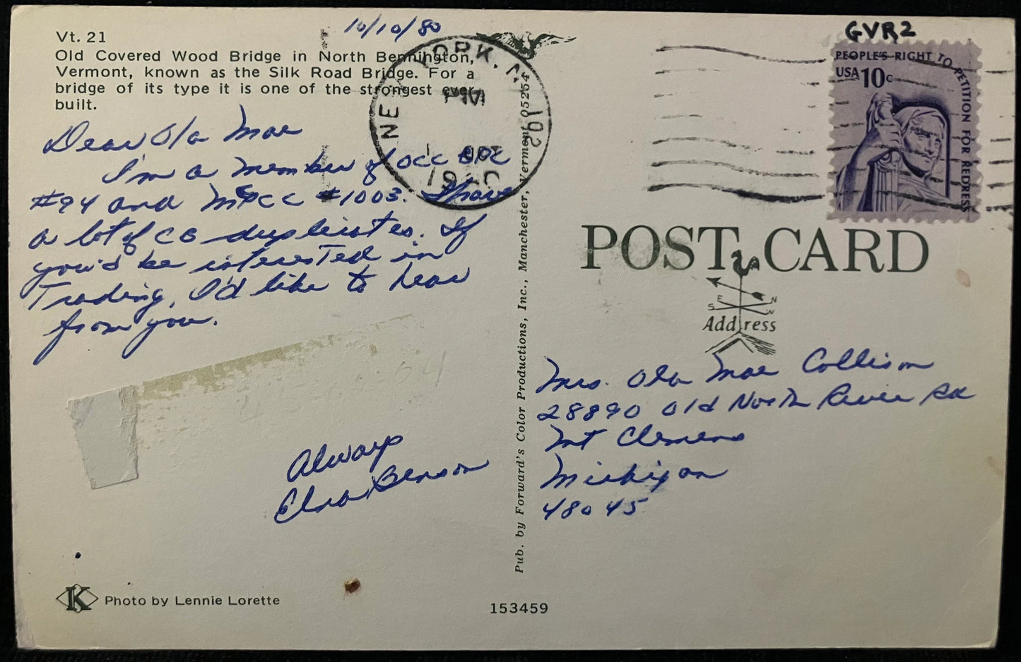 Silk Road Bridge in North Bennington, Vermont - Photo: Lennie Lorette - Vintage Postcard