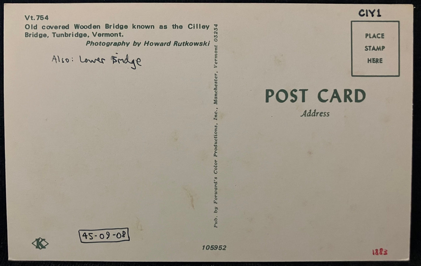 Cilley Bridge - Tunbridge, Vermont - Photography by Howard Rutkowski - Vintage covered bridge Postcard,