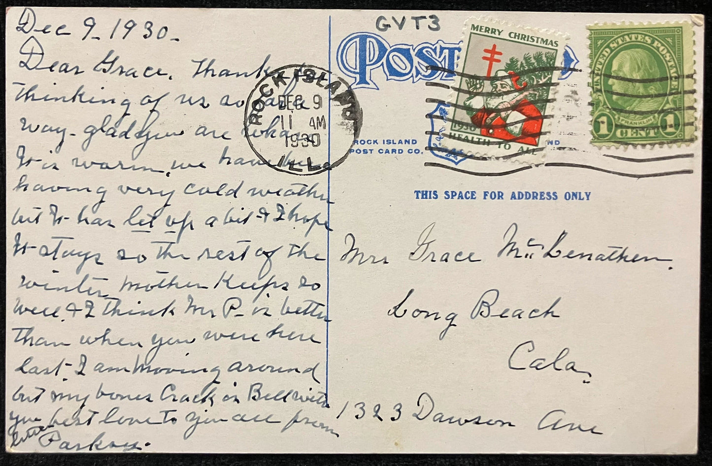 Government Bridge to Rock Island, Illinois - 1930 Merry Christmas Health to All stamp - Vintage Postcard
