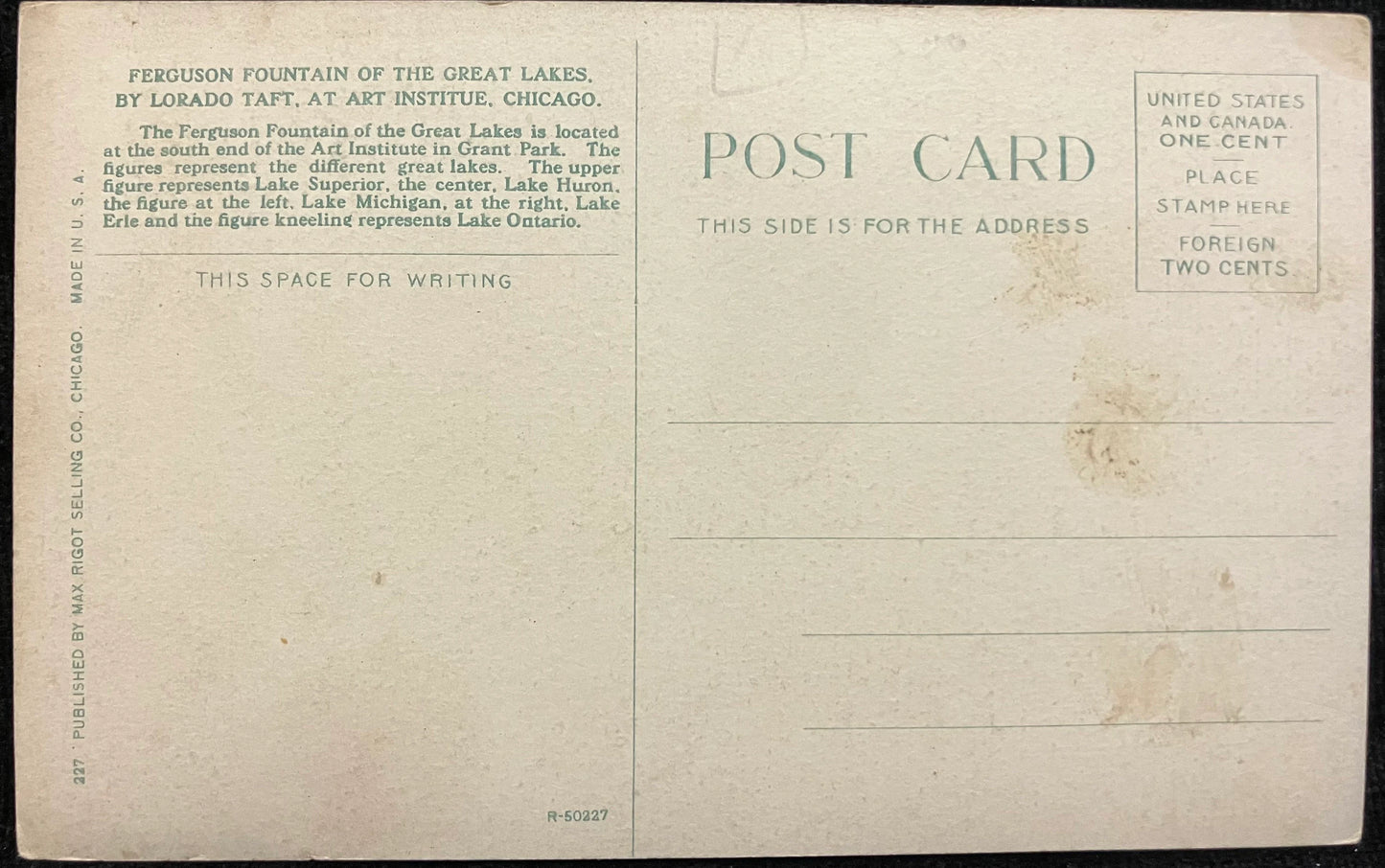 Ferguson Fountain of the Great Lakes, by Lorado Taft at the Art Institute, Chicago, Illinois - Vintage Museum Postcard