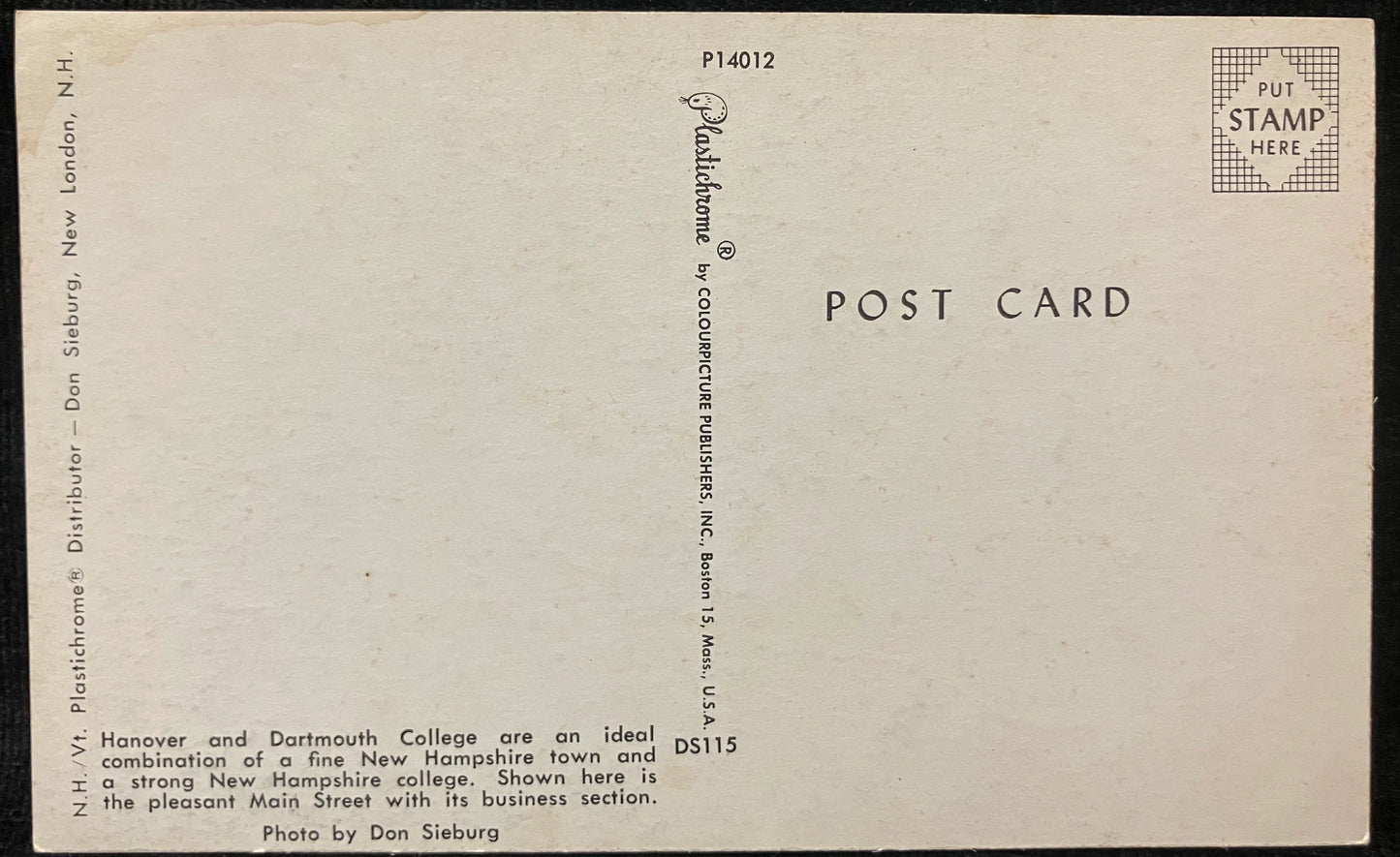 Dartmouth College, in Hanover, New Hampshire - Photo by Don Sieburg - Vintage University Postcard