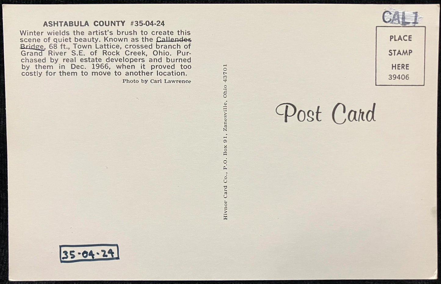Callender Bridge - Ashtabula County, Ohio - Covered Bridge Postcard