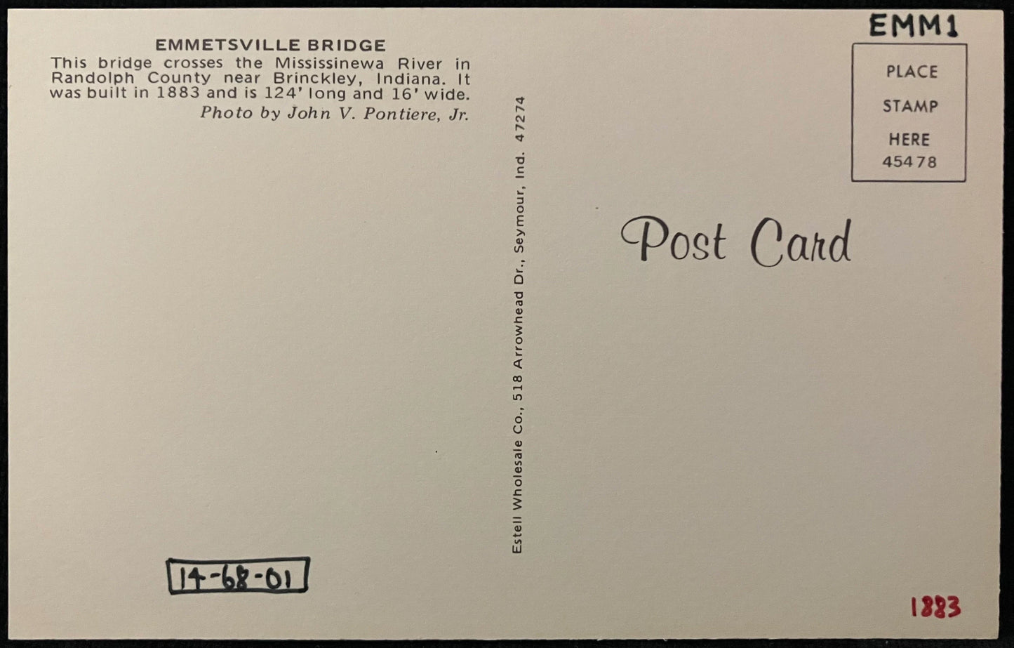Emmetsville Bridge in Randolph County, Indiana - Photo by John V. Pontiere Jr. - Vintage Covered Bridge Postcard
