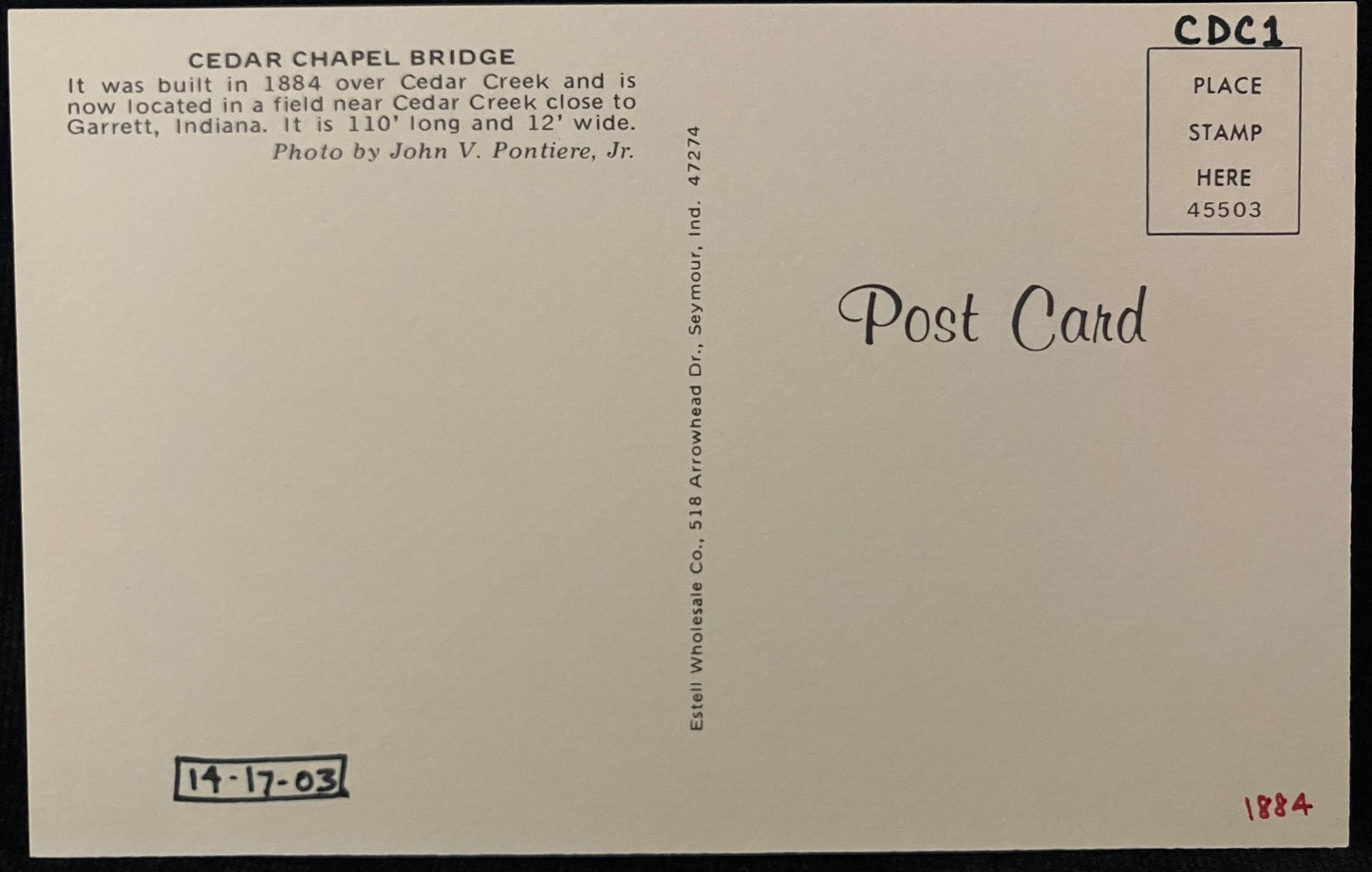 Cedar Chapel Bridge near Garrett, Indiana - Photo by John V. Pontiere Jr. - Vintage Covered Bridge Postcard