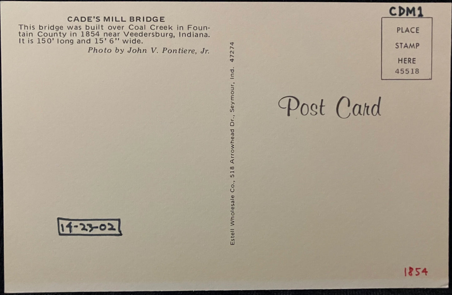 Cade's Mill Bridge - Veedersburg, Indiana - Covered Bridge Postcard