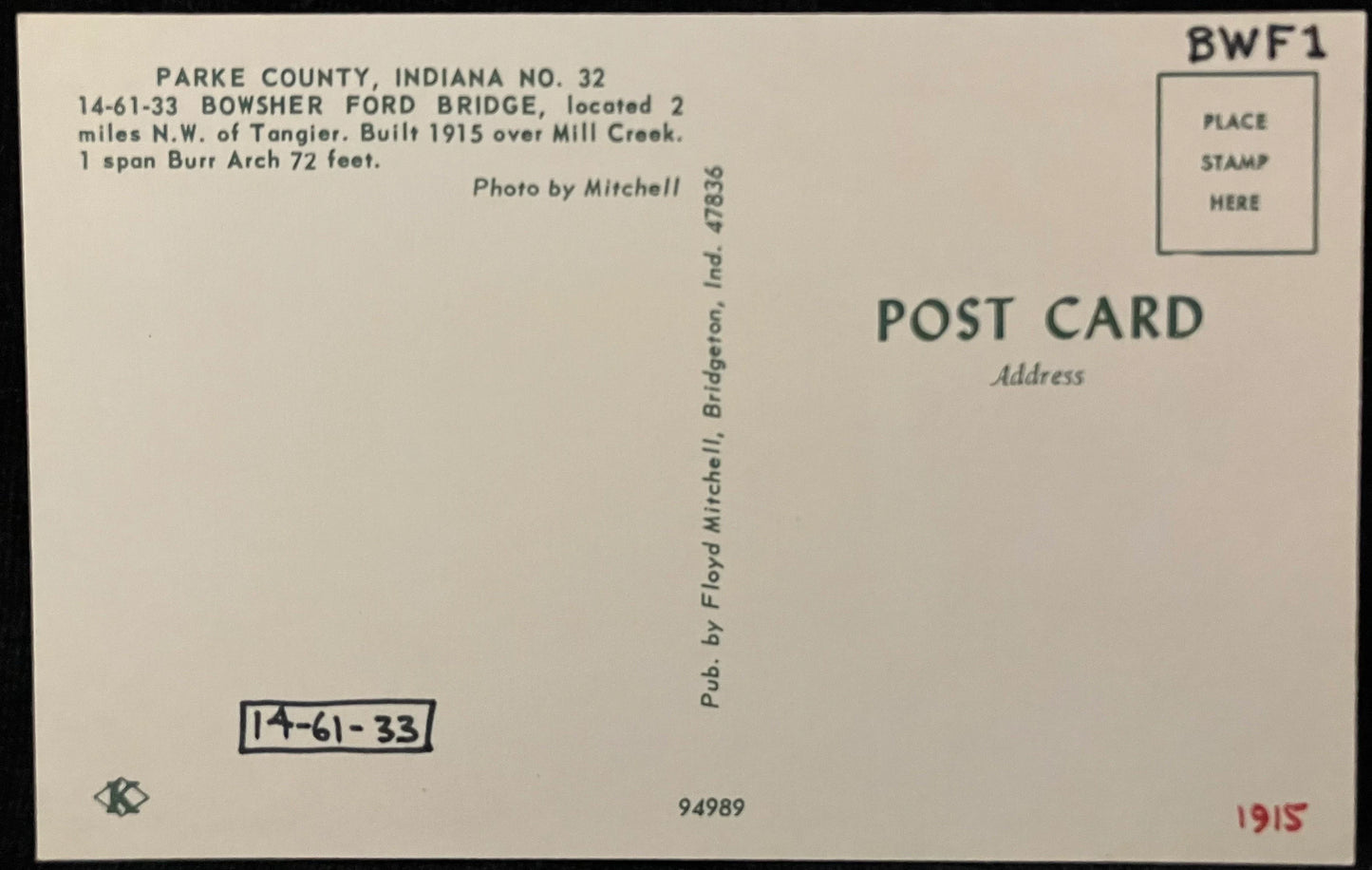Bowsher Ford Bridge in Parke County, Indiana No. 32 - Photo by Mitchell - Vintage Covered Bridge Postcard