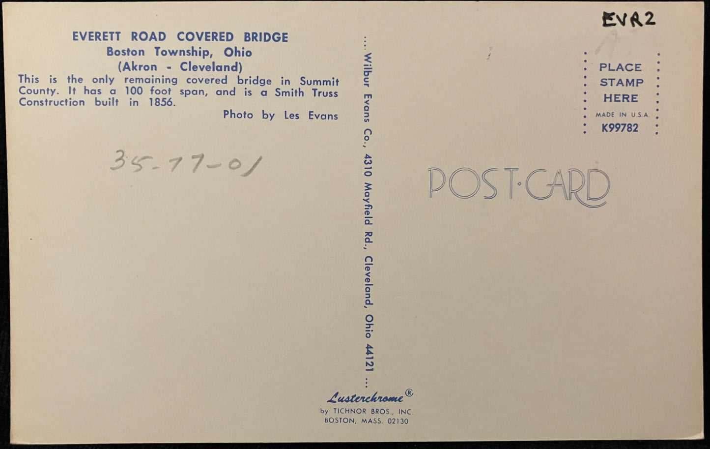 Everett Road Covered Bridge in Boston Township, Ohio - Photo: Les Evans - Vintage Covered Bridge Postcard