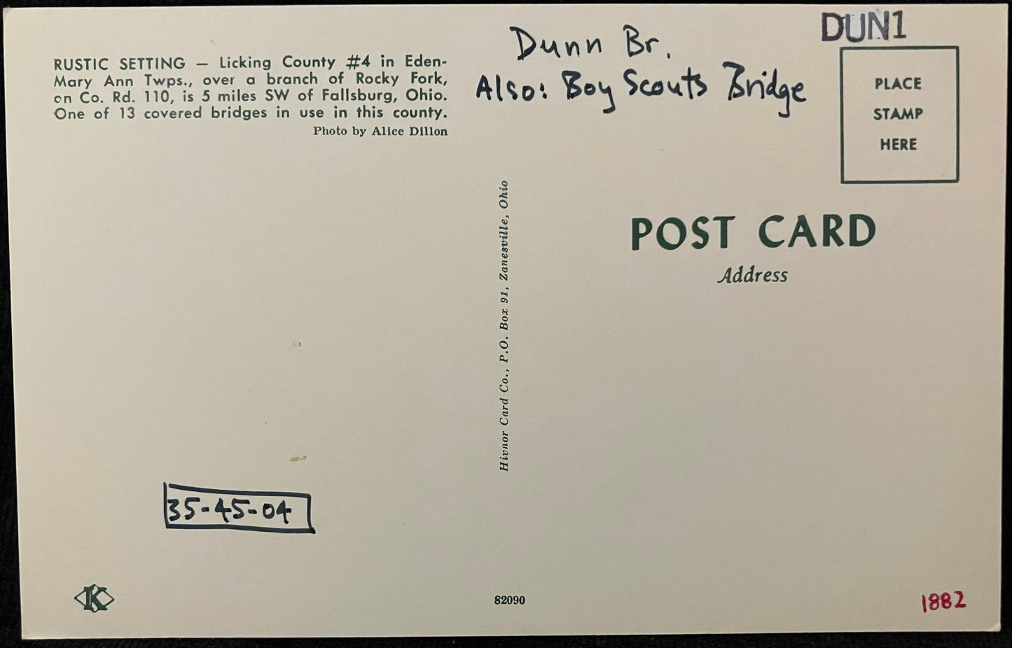 Licking County #4 Bridge in Eden-Mary Ann Twps. in Ohio - Dunn Bridge or Boy Scouts Bridge - Photo: Alice Dillon - Vintage Bridge Postcard